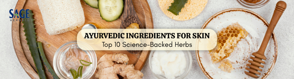 Infographic showing top 10 science-backed Ayurvedic ingredients for skin including turmeric, aloe vera, saffron, neem, manjistha, amla, licorice, gotu kola, and sandalwood with their key skin benefits.