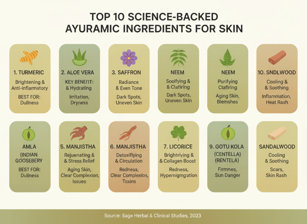 Infographic showing top 10 science-backed Ayurvedic ingredients for skin, including turmeric, aloe vera, saffron, neem, manjistha, amla, licorice, gotu kola, and sandalwood with their key skin benefits.